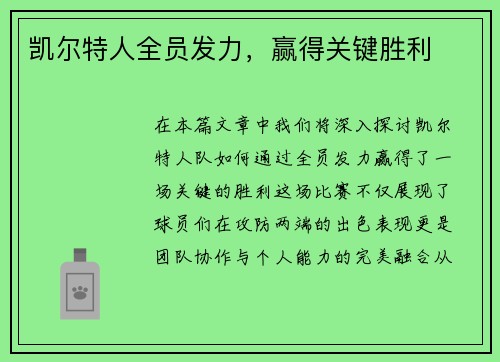 凯尔特人全员发力，赢得关键胜利