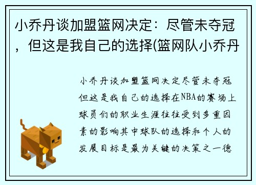 小乔丹谈加盟篮网决定：尽管未夺冠，但这是我自己的选择(篮网队小乔丹加盟湖人)